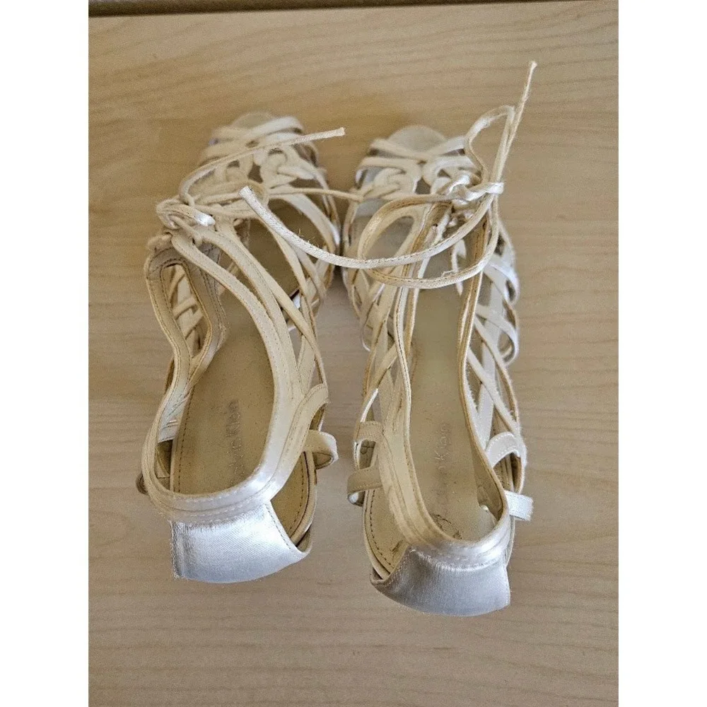 Calvin Klein Womens Cream Satin Strappy Lace Up Stiletto Heels Sandals Size 8M